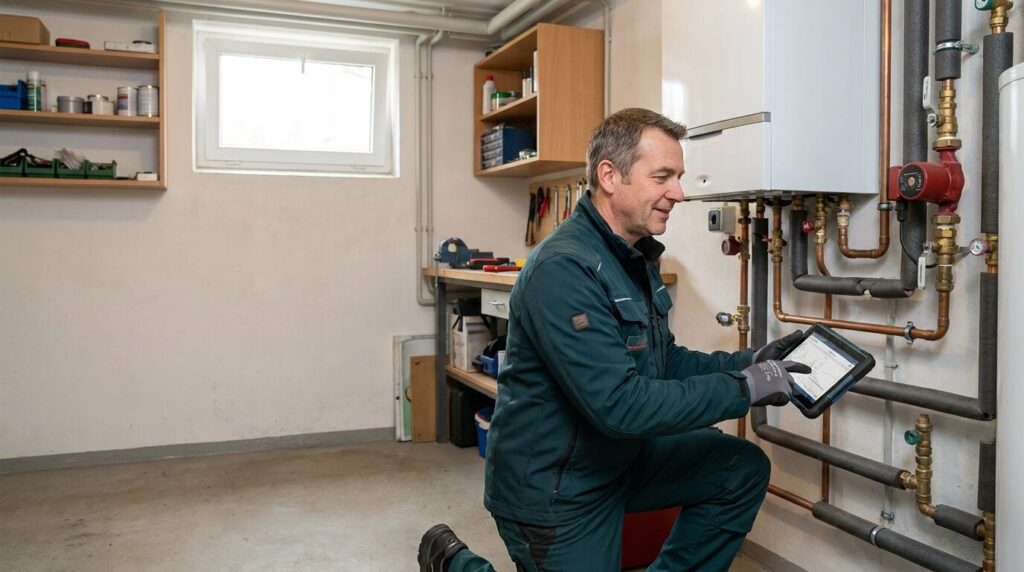 Heizungsinstallateur von Heiz Weber prüft eine Heizungsanlage mit einem Tablet