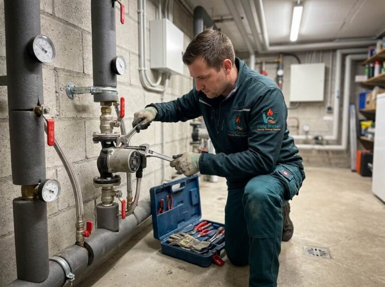 Heizungsinstallateur von Heiz Weber wartet eine Umwälzpumpe und Rohrleitungen