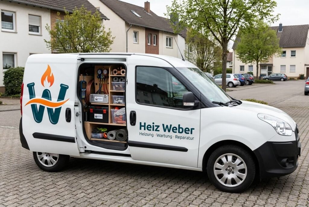 Gebrandetes Servicefahrzeug von Heiz Weber vor einem Wohngebäude